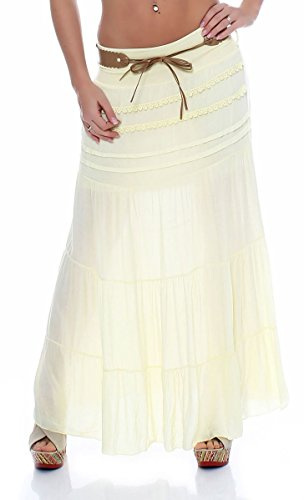 Malito – Rock Damen bodenlang aus Baumwolle mit elegantem Strickmuster & Kunstleder Gürtel – Maxi Rock lang mit breitem Bund – Luftiger Sommerrock 1116 (Gelb 34-40)