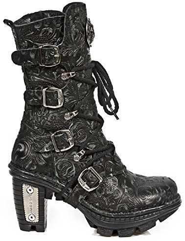 New Rock NEOTR005 - S25 Bassa Floreale Gotico Nero Punk Rock Stivali di Pelle Donne 38