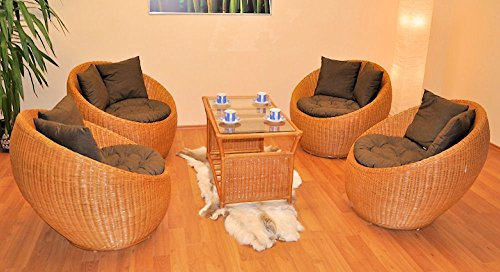 Rattangarnitur, Rattangruppe Gentong Fb. Honig, Set 4 Rattansessel + Rattantisch, inkl. Polster