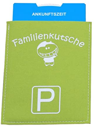 Parkscheibenhülle inkl. Parkscheibe mit Aufschrift - Familienkutsche Filzfarbe kiwi, Flockfarbe weiß