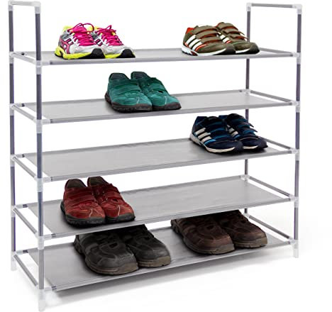 Relaxdays Schuhregal Stecksystem, 5 Ebenen, Schuhablage f. 20 Paar Schuhe, Metall & Stoff, HBT 90,5 x 87 x 29,5 cm, grau