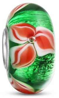Perle Charme Fleur De Noël Poinsettia En Verre Coloré Murano Rouge Vert Pour Femmes Et Adolescents En Argent Sterling .925 Compatible Avec Bracelet Européen