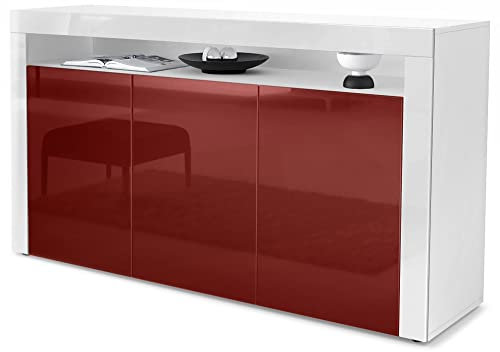 Vladon Sideboard Valencia, Made in Germany, Kommode mit 3 Türen und 1 offenem Fach, Weiß matt/Bordeaux Hochglanz/Weiß Hochglanz (155 x 92 x 40 cm)