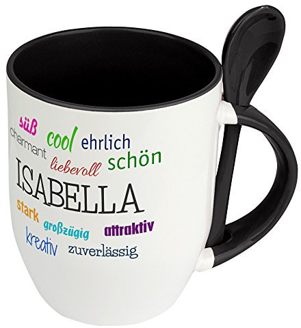 Löffeltasse mit Namen Isabella - Positive Eigenschaften von Isabella - Namenstasse, Kaffeebecher, Mug, Becher, Kaffeetasse - Farbe Schwarz