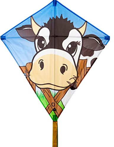 HQ Eddy Cow, Kinderdrachen Drachen Flugdrachen Einleiner, Drachen zum steigen Lassen, wenig Wind, ab 5 Jahre, 68x68cm und 200cm Drachenschwanz, inkl. 17kp Polyesterschnur 40m auf Spule, 2-5 Beaufort