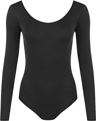 WearAll New Ladies Stretch Bodysuit Long Sleeve Top Womens Leotard Black 8/10