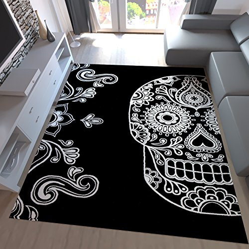 Designer Teppich Schwarz Weiß Kunstvoll Modern Totenkopf Motiv, Maße:120x170 cm