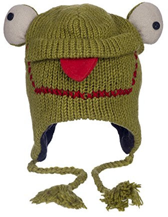 Hand Knitted Woolly Hat | Frog | Fun Wool Knit Fleece Lined Animal Hat for Men and Women | One Size Fits All | Wooly Winter Cap with Ear Warmers and Tassels Green