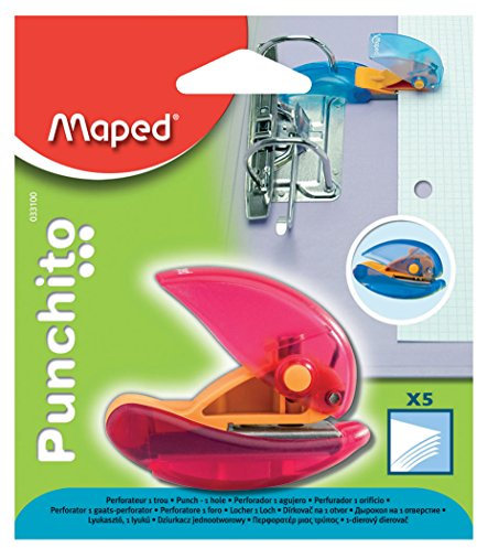 Maped - Perforatrice Punchito - Perforateur Compact Transparent 1 Trou - Avec Guide Positionnable sur les Anneaux des Classeurs - Couleur Aléatoire