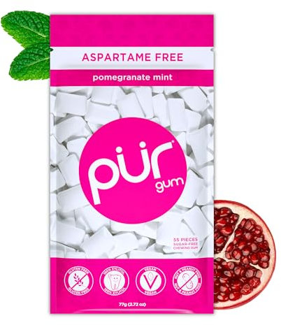 PUR Gum | Chicle Sin Azúcar | 100% Xilitol | Vegano, Sin Aspartamo, Sin Gluten y Apto Para Diabéticos | Chicle Natural Con Sabor a Natural Pomegranate Mint, 55 Piezas (paquete de 1)