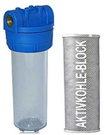 Filtergehäuse SET 10 Zoll mit 1 Wasseranschluß + AKTIVKOHLE Block FILTER Patrone, GEHÄUSE mit Filterkartuscheals Vorfilter für Wasserfilter , Umkehrosmose Anlage Hauswasserwerk Brunnenwasser Garten Pool Bakterienfilter Geruch