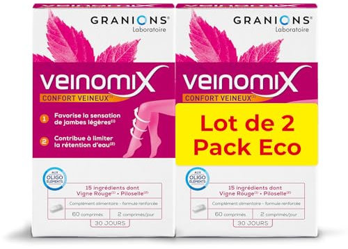 GRANIONS| Veinomix Lot de 2 | Favorise la sensation de jambes légères et limite la rétention d'eau | Vigne Rouge + Piloselle + Vitamines & Oligoéléments | Marque Française | 120 comprimés