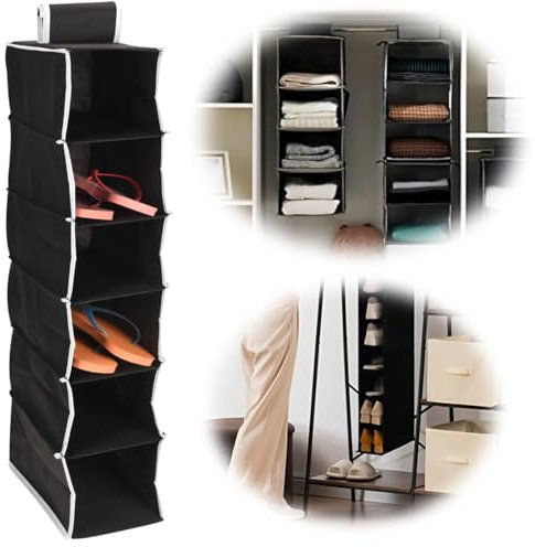 LS-LebenStil Hängeregal 6 Fächer 84x30x15cm Breit Schwarz Hängeaufbewahrung Utensilo Hänge-Organizer Ordnungssystem Schuhorganizer faltbar Kleiderschrank-Organizer Badregal Schlafzimmer Badezimmer