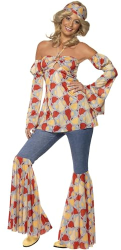 Smiffys Vintage Hippy 70s Costume, Multi-Coloured with Halterneck Top, Sleeves, Flares & Headband, 1970's Disco Fancy Dress, Adult Dress Up Costumes