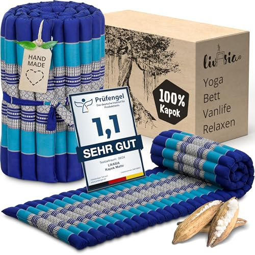 livasia Rollmatte Rollmatratze S schmal - 200x50x4,5cm - Gästebett Gästematratze 1 Person mit Muster, Reisebett Kofferraum outdoor, Thaimatte Kapok für Garten Balkon handgefertigt (Blau)