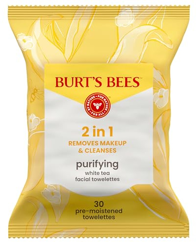 Burt’s Bees Purifying White Tea Facial Towelettes, 100% Plant Based Cloths; 99% Natural Origin; Removes Makeup and Cleanses; No Rinsing; All Skin Types (Pack May Vary)