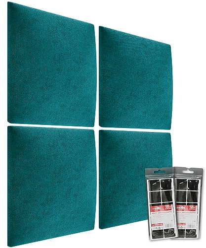 MOLLIS Polsterplatte, Set von 4 Stück, Quadratisches & Dekoratives Wandpaneel, als Bettkopfteil oder Aufprallschutz, Reduziert Schall & Verbessert Akustik, aus Schaumstoff, 30 x 30 cm, Türkis