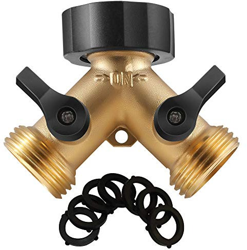 IPOW Solid Brass Body Backyard 2 Way Y Valve Garden Hose Connector Splitter Adapter + 6 Rubber Hose Washers with Comfort Grip Use