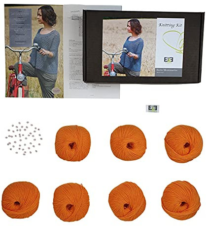 DesignEtte Strickset DIY Sommerpulli Butte Montmartre Strickset mit 10 Knäulen reiner Merino Wolle, incl. Perlen + Anleitung für 7 Dänische Strick und 2 Häkel Designs. Größe L/XL Orange.