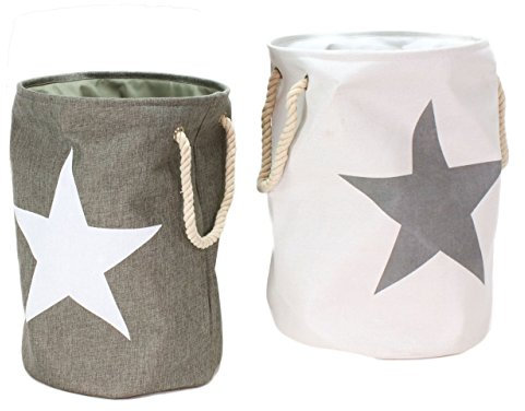 2er Set Wäschesäcke Wäschekörbe Star Sterne im Vintage Look Grau & Weiß