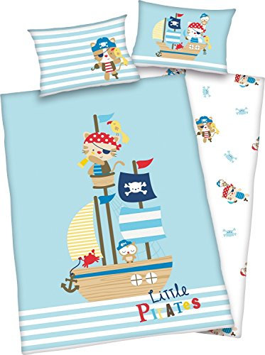 Arle-Living Juego de ropa de cama para bebé, reversible, diseño de pequeños piratas, 100 x 135 cm + 40 x 60 cm + 1 sábana bajera ajustable de 70 x 140 cm (con sábanas: blanco)