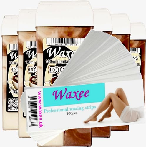 Roll on wax roller wax cartridge 100ml, 6pcs Waxee DUO wax refill+ 100pcs waxing strips (DUO- Cappuccino)