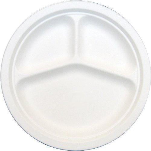 Thali Outlet® - 125 x Round 10 White 3 Compartment Section Strong Paper Plates Biodegradable Bagasse Disposable Dinner Side Plate - 25cm Diameter
