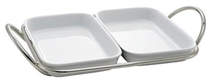 SWEET HOME Pirofila Porcellana Rettangolare 2 settori con Supporto in Acciaio Stile Filo cod.VL-51 cm 36x26x4h by Varotto & Co.