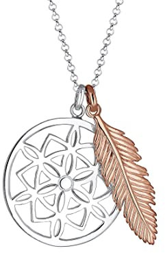 Elli Halskette Silber 925 Rosé 18K Vergoldet Bicolor Ornament Traumfänger Feder Anhänger Kette Damen Schmuck Geschenke für Frauen Mädchen Mama Freundin, Silberkette Länge 45 cm