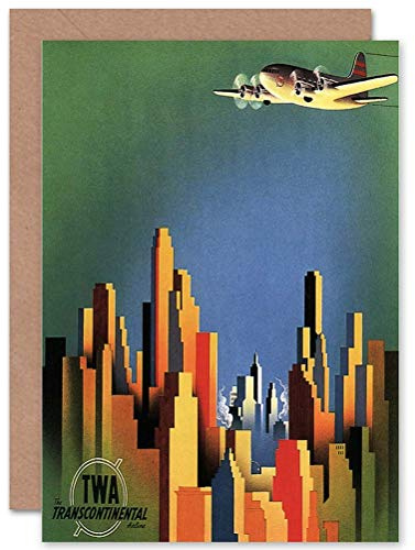 Wee Blue Coo TRAVEL TWA AIR FLIGHT PLANE CITY SKYSCRAPER USA AD GREETINGS CARD