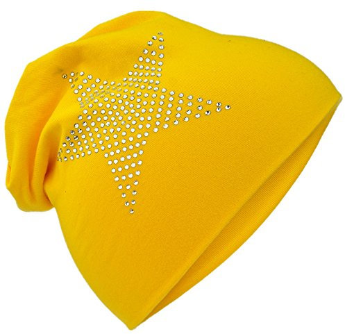 Miobo Kinder Slouch Beanie Mütze,Baumwolle,Strass Stern Gelb 48