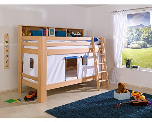 Relita Etagenbett Jan mit Vorhang weiß/blau, Buche massiv natur lackiert