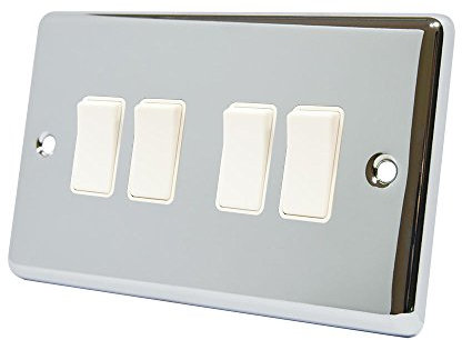 AET CPC4GSWIWH Polished Chrome Classical White Insert Plastic Rocker Switches-10 Amp 4 Gang 2 Way Light Switch, 240 V