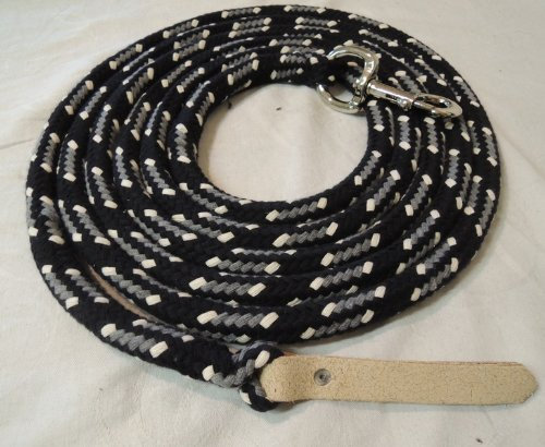 Pferdeseile_DE Bodenseil schwarz-grau-Natur 8,10 mtr - Baumwolle mit Karabiner und Lederklatsche