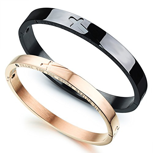 JewelryWe Pärchen Armband Armreif, Edelstahl Kreuz Freundschaftsarmband Partner Armspange Valentinstag Paare Geschenke, Thank you for being beside me, Rosegold Schwarz