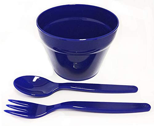 Harfield Lunch Pot Set - 2 Royal Blue Pasta Rice Bowls & Cutlery Reusable Virtually Unbreakable Polycarbonate Plastic