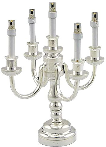 Dolls House Silver 5 Arm Candelabra Miniature Table Lamp LED Battery Light