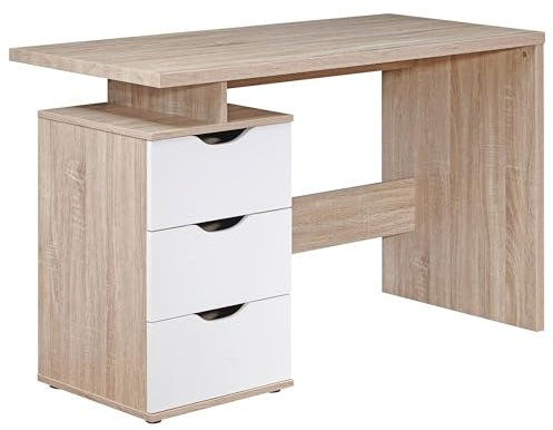 Wohnling Schreibtisch MASSA 120 x 76 x 53 cm mit 3 Schubladen in Sonoma Weiß, Computertisch modern für Jugendliche, Laptoptisch platzsparend mit Ablage