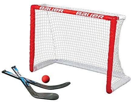 BAUER - Knee Hockey Tor Set inkl. Sticks & Ball I Outdoor-/Indoor Tor I Inline-Hockey I Tor für Hockeybälle & Pucks I Streethockey-Training I Feldhockey I inkl. 2 Mini Sticks & Schaumstoffball - Rot