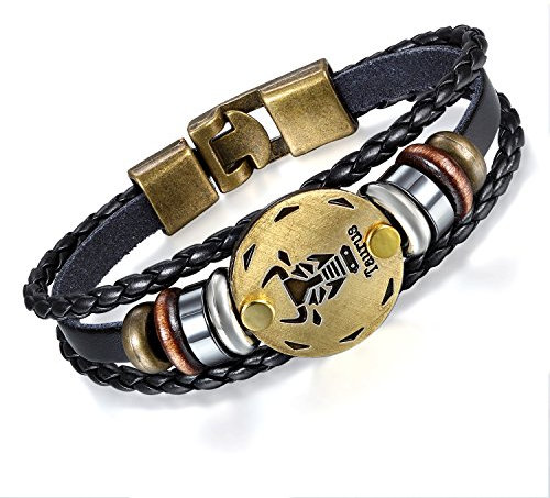 Flongo Lederarmband Horoskop Armband Damen Armkette Herren Armreif, Leder-Armband Armreif Manschette Manschettenknopf Schwarz Gold Golden Horoskop Tierkreis Sternzeichen Sternbild Stier