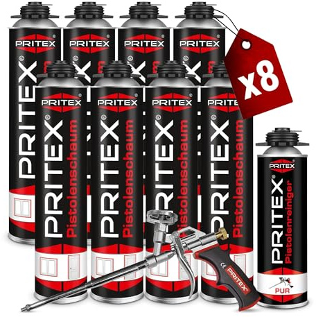 PRITEX Bauschaum Set, 8x 750ml Pistolenschaum, 500ml Reiniger, Pistole