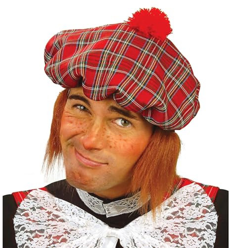 Widmann 8424S - Tartankappe mit Haaren, Rot, Schottland, Hut, Kopfschmuck, Accessoire, Mottoparty, Karneval