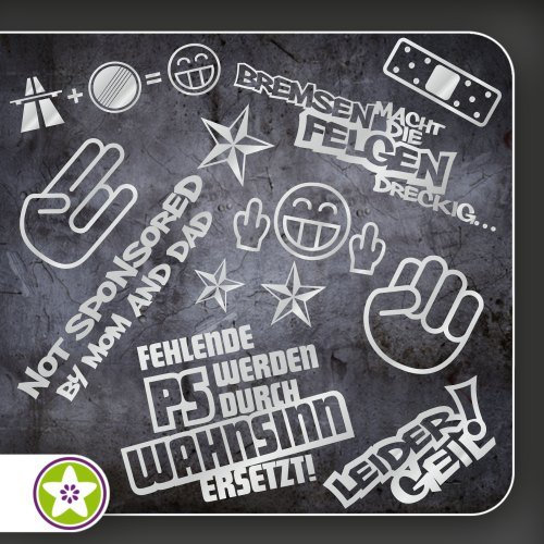 Kiwistar Sticker Bomb Set 1 silber - Bogen: A4 Bremsen…Felgen…, Shockerhand, Autobahnfreak, Fehlende PS…, Leider Geil. Auswahl Sammlung Aufkleber Scheibe Tuning Decal