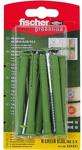 Fischer Nageldübel N Green 8x80/50 S K, 10 x Nagelschraube 5 x 85 Z vormontiert, 524833