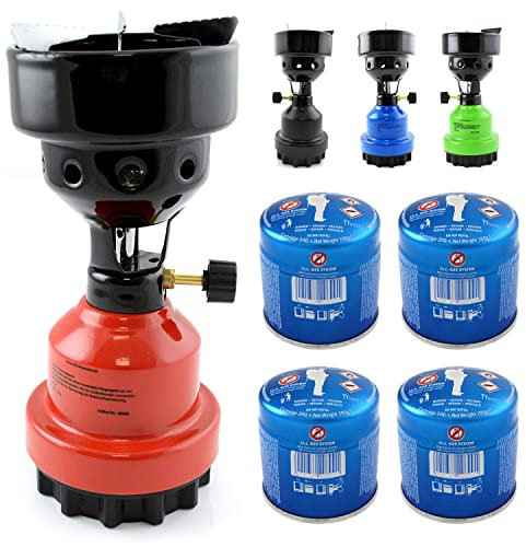 nean moderner Gas Campingkocher für Gaskartuschen/Stechkartuschen Gaskocher Gasbrenner Shishabrenner Shisha Kohleanzünder Anzünder Kartuschenkocher + 4 Gas-Kartuschen (Rot)