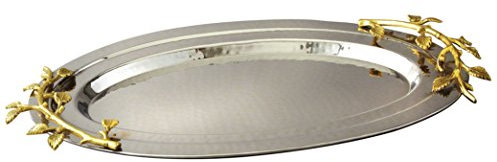 Elegance Golden Vine Hammered Stainless Steel Oval Tray, 16.5 by 10-Inch, Silver/Gold