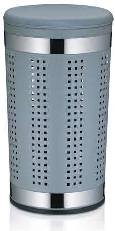 Kela 21819 Wäschetruhe mit Sitzkissen, Rund, 60,5 cm Höhe, Metall, Sevilla, Hellgrau