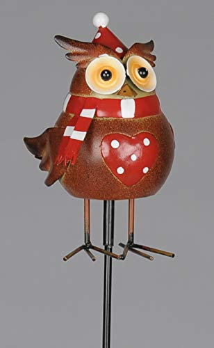 Posiwio dekorativer Gartenstecker Eule mit Mütze und Schal aus Metall, rot-braun, ca. 10 x 9 x 81 cm