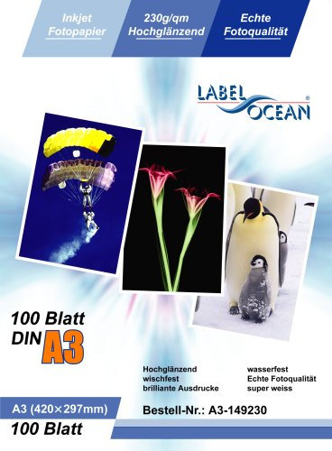 LabelOcean Premium Fotopapier 100 Blatt A3 230g/qm Highglossy hochglänzend wasserfest