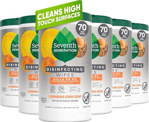 Seventh Generation Disinfecting Multi Surface Wipes, Botanical Disinfectant, 70 Count, Pack of 6